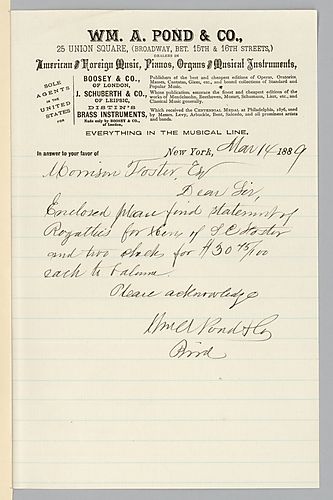 Cover letter for January 1889 royalty statement from William A. Pond & Co.