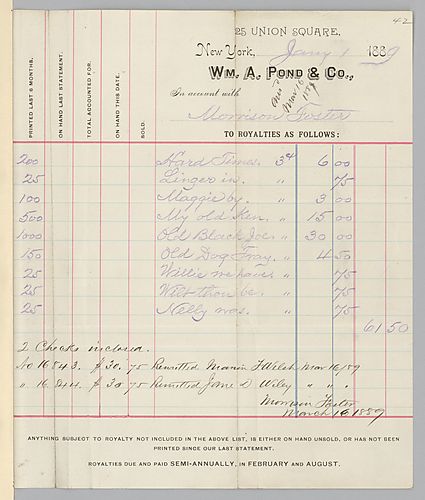 January 1889 Royalty statement from William A. Pond & Co.