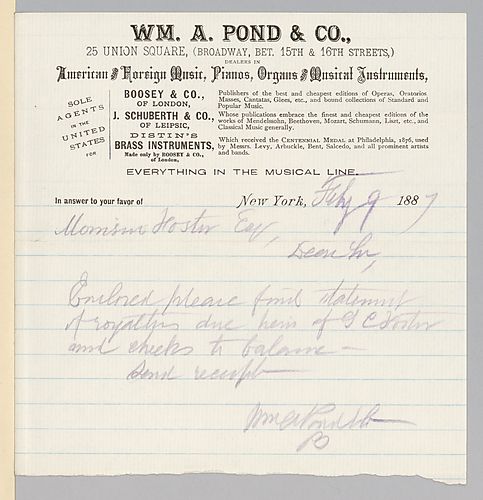 Cover letter for January 1887 royalties from William A. Pond & Co.