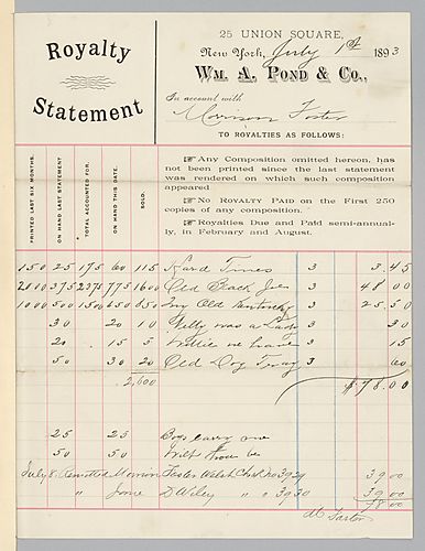 July 1893 royalty statement from William A. Pond & Co.