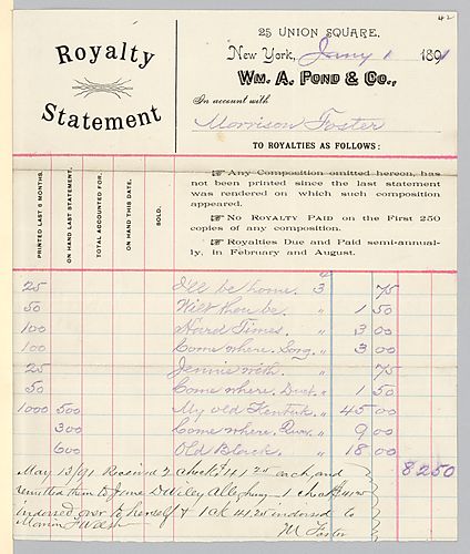 January 1891 royalty statement from William A. Pond & Co.