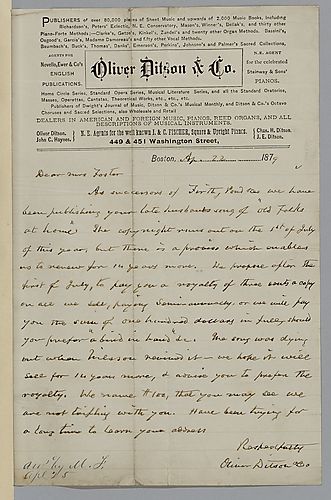 Letter from Oliver Ditson & Co. to Mrs. Stephen Foster (Jane D. Wiley)