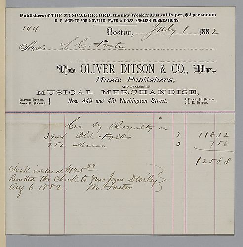 July 1882 royalty statement from Oliver Ditson & Co.