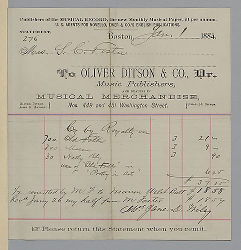 January 1884 royalty statement from Oliver Ditson & Co.