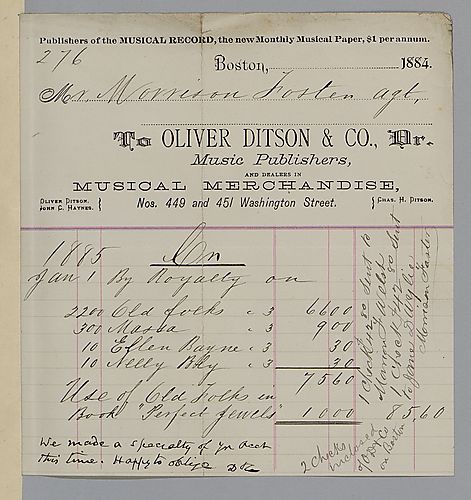 July 1885 royalty statement from Oliver Ditson & Co.