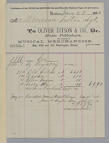 January 1886 royalty statement from Oliver Ditson & Co.