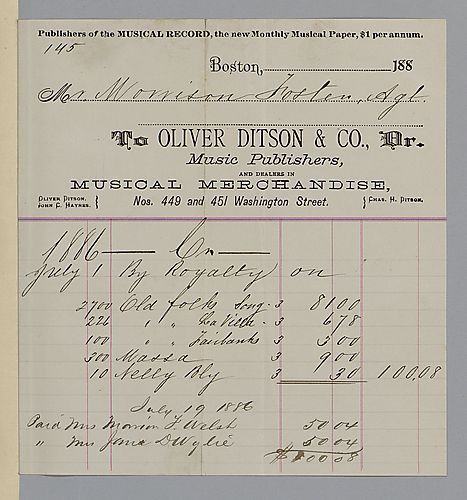 July 1886 royalty statement from Oliver Ditson & Co.