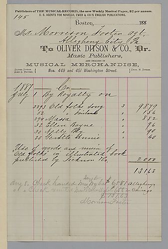 July 1887 royalty statement from Oliver Ditson & Co.