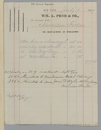 July 1887 royalty statement from William A. Pond & Co.