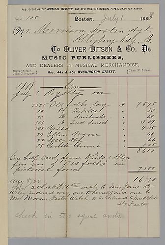 July 1888 royalty statement from Oliver Ditson & Co.
