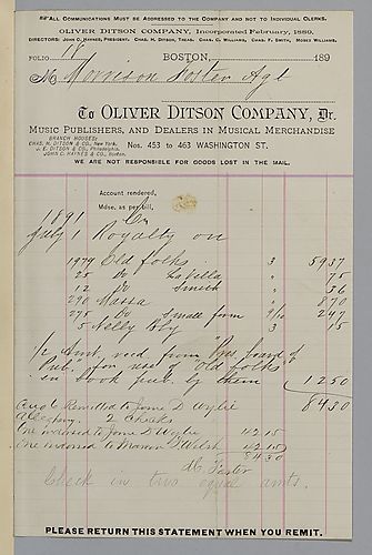 July 1891 royalty statement from Oliver Ditson & Co.