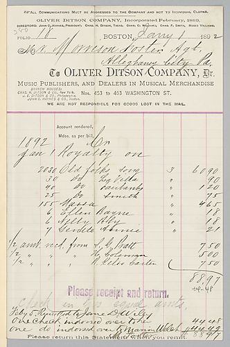 January 1892 royalty statement from Oliver Ditson & Co.