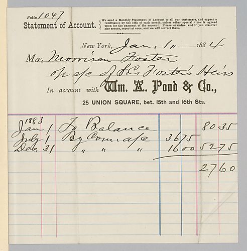 January 1884 royalty statement from William A. Pond & Co.