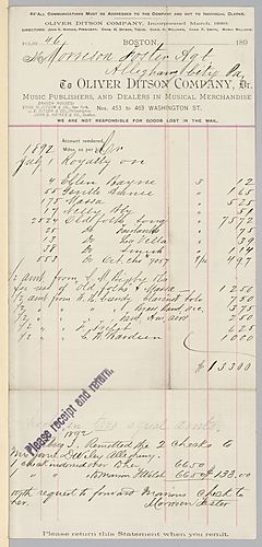 July 1892 royalty statement from Oliver Ditson & Co.