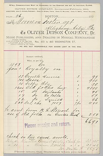 January 1893 royalty statement from Oliver Ditson & Co.