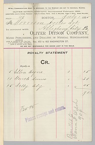 July 1895 royalty statement from Oliver Ditson Company