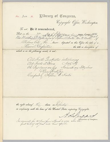 Library of Congress Copyright Certificate for "Old Folks Quadrilles"