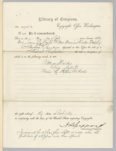 Library of Congress copyright certificate for "Village Maiden"