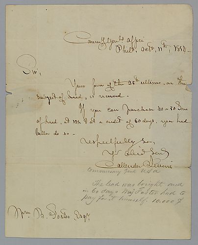 Letter from Commissary General's office to William Foster