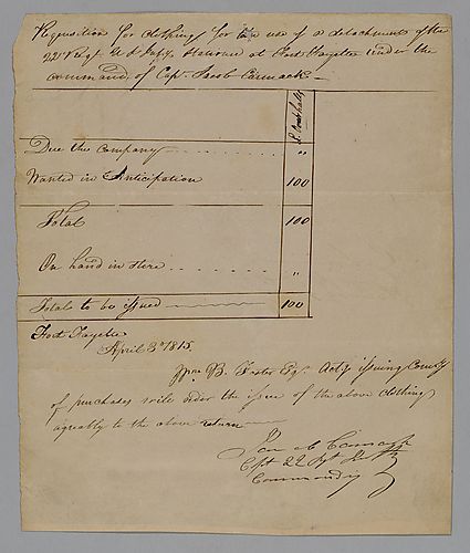 Requisition for clothing, Jacob Cormack to William Foster