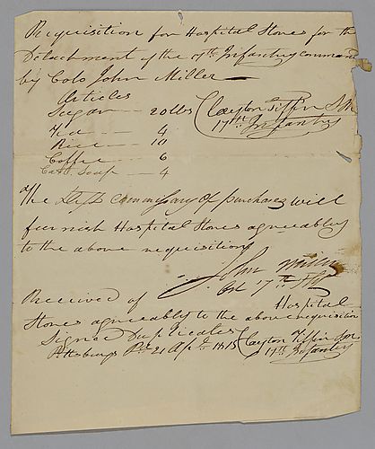 Requisition for hospital stores; Col. John Miller to William Foster