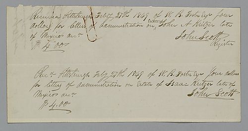 Receipt of money paid on estate of John A. Kritze, signed John Scotte, register
