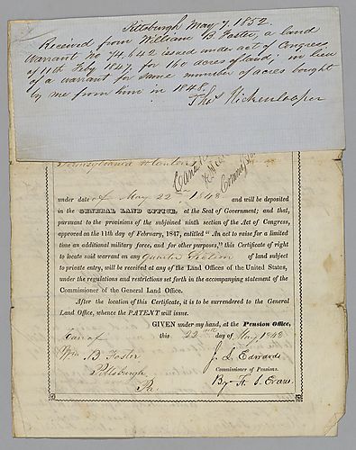 Land Warrant receipt of Thomas Hickenloper; attached to Document that states that William Foster is selling him land