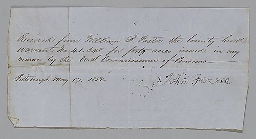 Land Warrant receipt 41.348 signed by John Ferrel