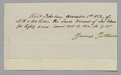 Land Warrant receipt 17.315 signed by James Patterson
