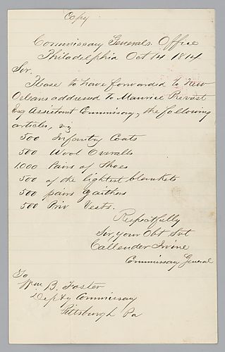 Letter from Commissary General's office to Morrison Foster (2 copies of 1814 dispatches, response to inquiry)