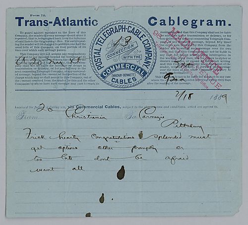 Carnegie sends a cable from Christiania, [Norway], stating to get more options