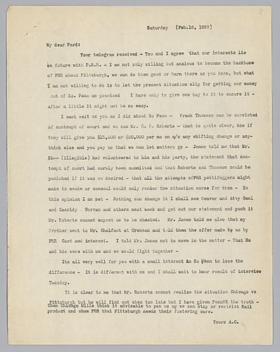Carnegie discusses future interests with Pennsylvania Railroad and legal matters pertaining to South Pennsylvania [Railroad] and Pennsylvania Railroad