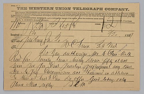 Telegram from Moore in Pittsburgh, Pa. to Frick in Philadelphia, Pa. requesting authorization to close a deal