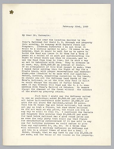 Frick writes to Carnegie in New York, he informs on issues concerning Pennsylvania Railroad Company, Pig metal, and ore purchases