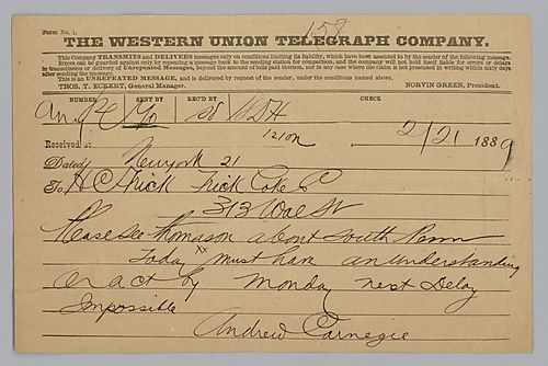 Carnegie requests Frick to see [Frank] Thomson about South Pennsylvania [Railroad Company]