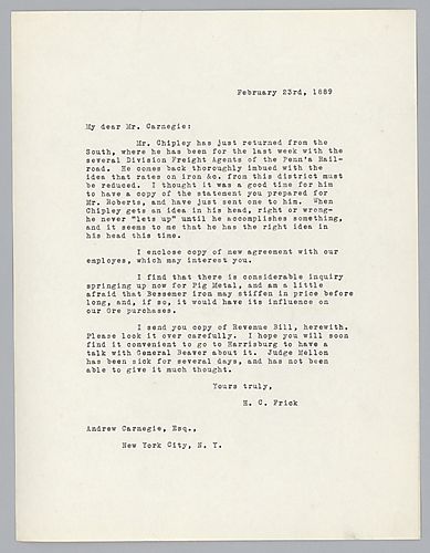 Writing to Carnegie in New York, Frick informs Carnegie of Mr. Chipley's meetings in the south with Pennsylvania Railroad Company. The agreement and revenue bill, which Frick indicates enclosing with the letter are not present
