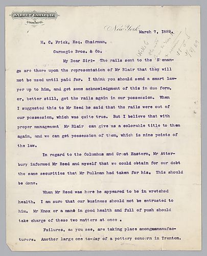 Writing from New York, Carnegie discusses rail orders and the purchase of ore. Letter attached to Andrew Carnegie to Henry Clay Frick, February 26, 1889