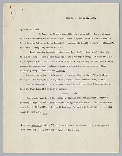 Writing from New York, Carnegie discusses matters in Chicago and requests Frick's attendance to meeting occurring that week. He also mentions a speech, which he gave at the Franklin Institute in Philadelphia, Pa