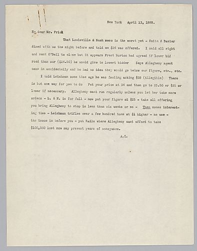 Writing from New York, Carnegie discusses and advises Frick on the price of rails