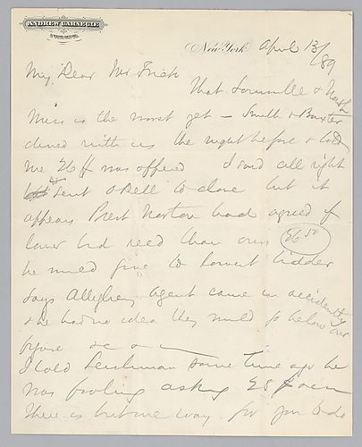 Writing from New York, Carnegie discusses and advises Frick on the price of rails