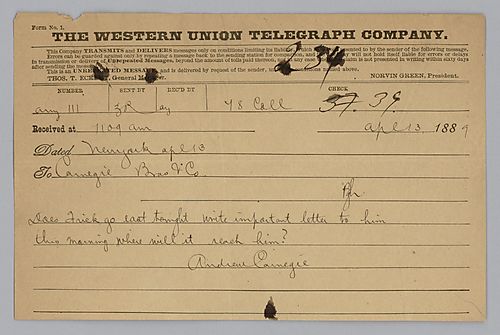 Writing from New York, Carnegie requests to know if Frick is traveling east that evening