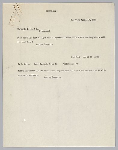 Writing from New York, Carnegie requests to know if Frick is traveling east that evening