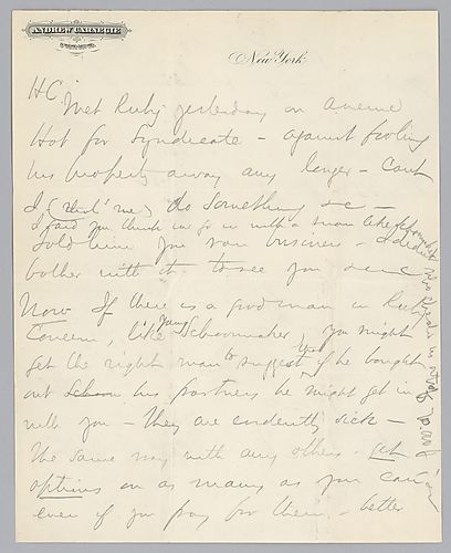 Writing from New York, Carnegie discusses business and mentions possible legal action toward Pennsylvania Railroad