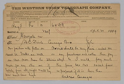 Writing from New York, Carnegie discusses the purchase and price of ore