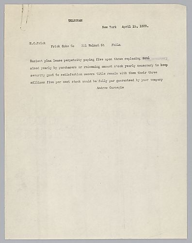 Carnegie writes from New York to Frick in Philadelphia, Pa. and discusses stock