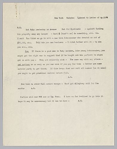 Writing from New York, Carnegie discusses business and mentions possible legal action toward Pennsylvania Railroad