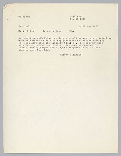 Writing from New York, Carnegie discusses the purchase and price of ore