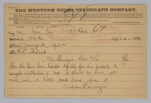 Writing from New York, Carnegie inquires if the rail line from their property to New York to Cleveland has been located and if so requests work be done to it