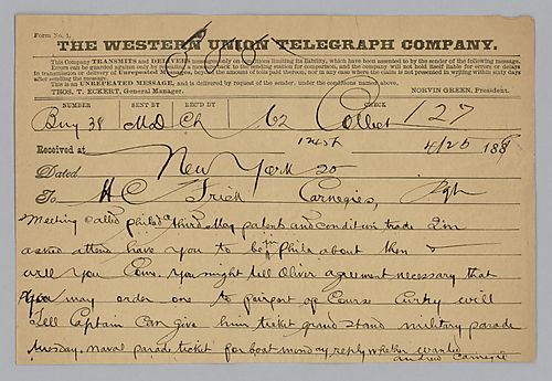 Carnegie writes from New York and informs Frick of meeting to be held in Philadelphia, Pa. on May 3, 1889