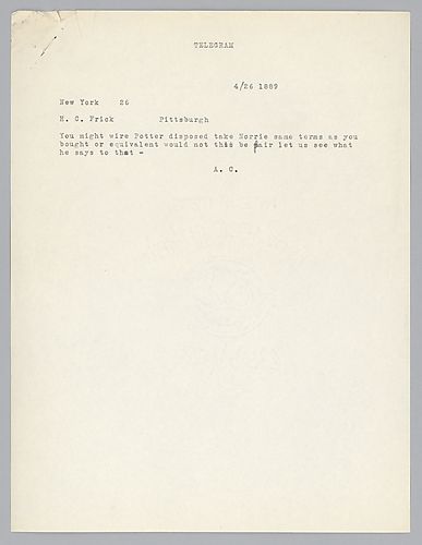 Writing from New York, Carnegie instructs Frick about the negotiations over the order and price of [ore]